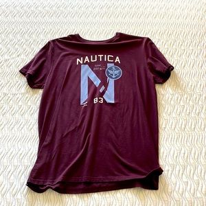 Nautica Men’s Size Large Tee Shirt Maroon/Burgundy Light Blue Front Print